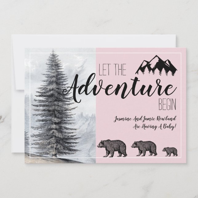 Invitación Aventura Rustic Woodland Bear Embarazo Rosa (Anverso)