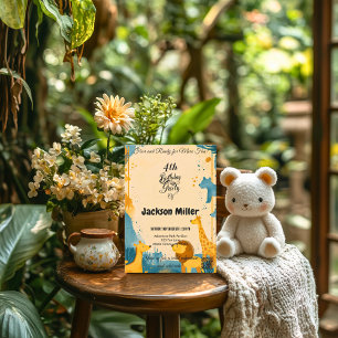 Invitación Aventura salvaje 4to cumpleaños mostaza y azul tur