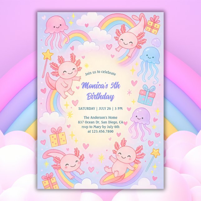 Invitación Aventura submarina Cute Axolotl Fiesta de Cumpleañ (Cute Axolotl Birthday Invitation Underwater Adventure Party Invite)