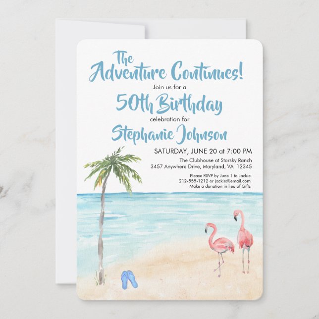 Invitación Aventura Tropical Beach 50th Birthday Party Blue (Anverso)