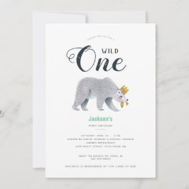 Invitación Aventura Verde Moderna Oso Animal Primer Cumpleaño