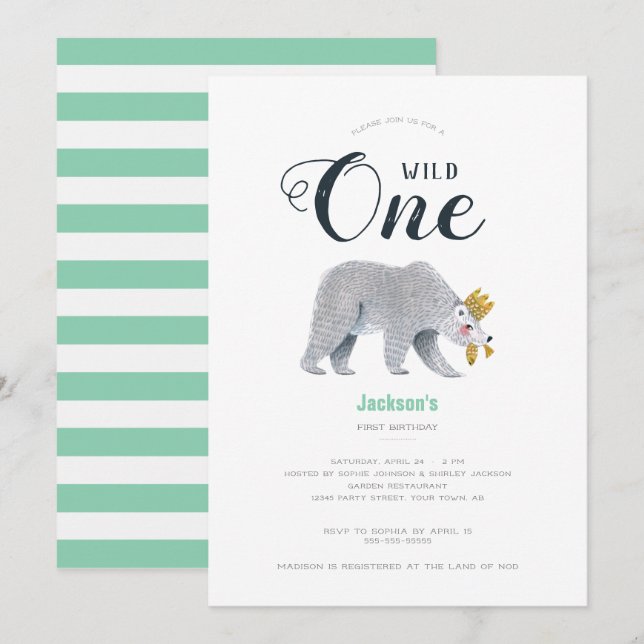 Invitación Aventura Verde Moderna Oso Animal Primer Cumpleaño (Anverso / Reverso)