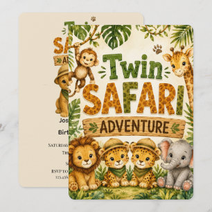 Invitación Aventuras de Safari Gemelas Fiesta de Cumpleaños d