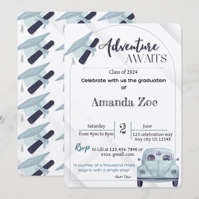 Invitación aventuras esperan invitación/anuncio de graduado (Anverso / Reverso)