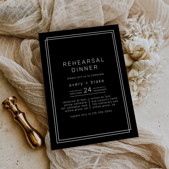 Invitación AVERY Moderno ensayo negro Cena (AVERY Modern Black Rehearsal Dinner Invitation)