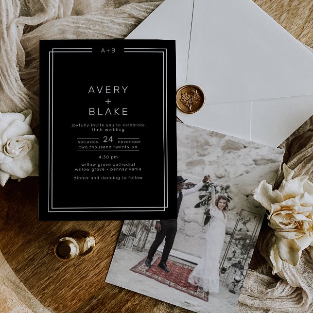 Invitación AVERY Moderno Monocromo Negro Boda de fotos (AVERY Modern Black Monochrome Photo Wedding Invitation)