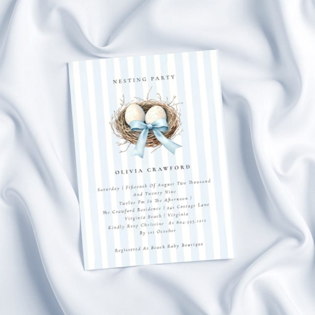 Invitación Aves acuarelas Nest Blue Bow Nesting Fiesta (Watercolor Birdsnest Blue Bow Nesting Party Invitation )