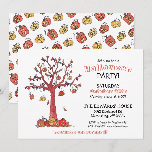 Invitación Aves acuarelas y calabazas Árbol Fiesta Halloween (Anverso / Reverso)