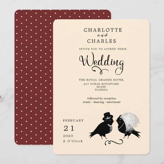 Invitación Aves Amantes De Amor Amarre Novia Y Crece Elegante (Anverso / Reverso)