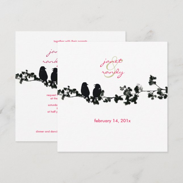 Invitación Aves amoradas blancas y negras (Anverso / Reverso)
