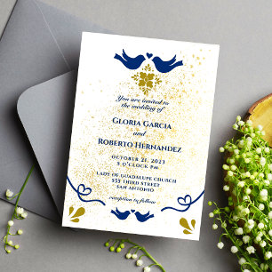 Invitación Aves Amores Azules Y Doradas Boda Mexicana