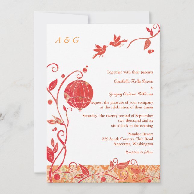 Invitación Aves amorosas Boda monogramado (Anverso)