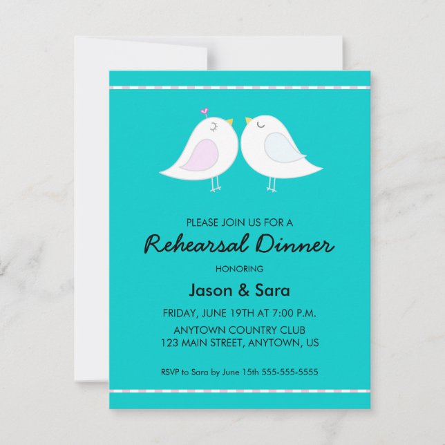 Invitación Aves amorosas con Verde azulado ensayo de la cena (Anverso)