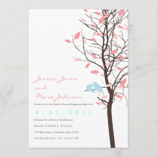 Invitación Aves amorosas en el árbol - rosa y azul