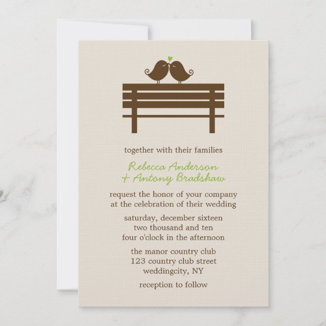 Invitación Aves amorosas en el Boda de Park Bench (Anverso)
