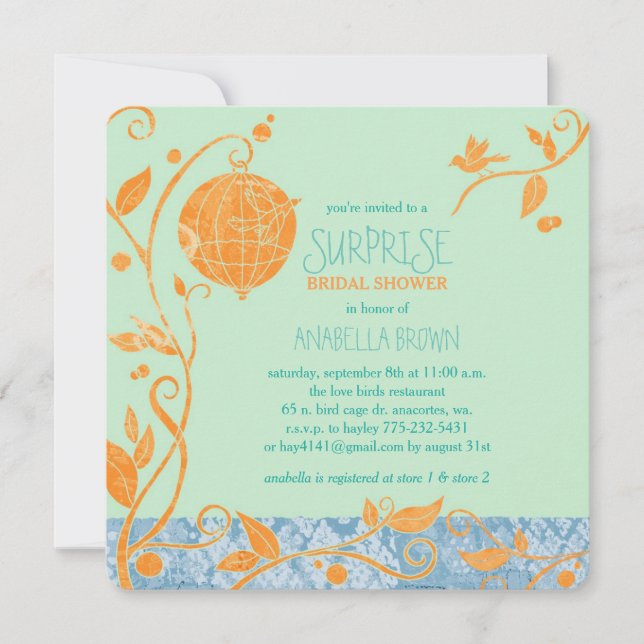 Invitación Aves amorosas Mint Green Surprise Shower (Anverso)