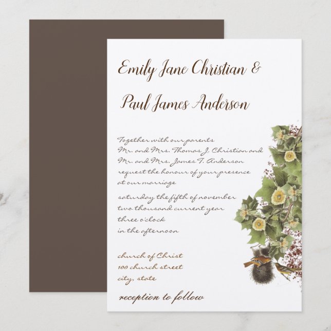 Invitación Aves amorosas que anidan a Aqua Blue Font Boda (Anverso / Reverso)