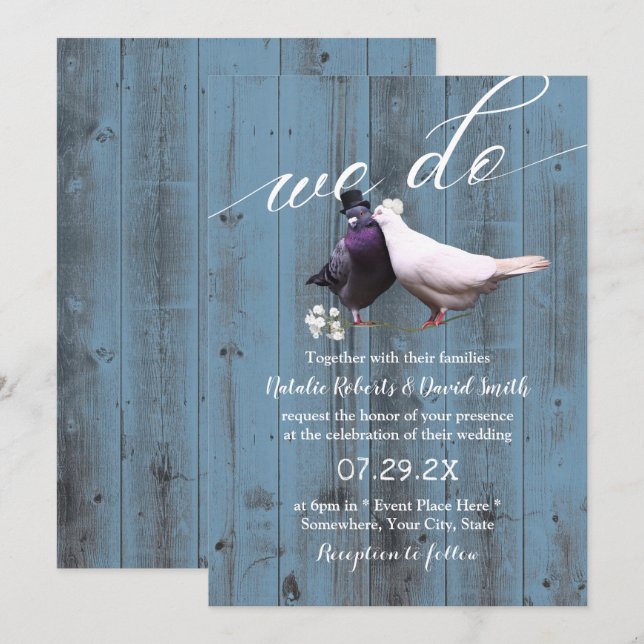Invitación Aves amorosas rusas hacemos Boda de granero azul t (Anverso / Reverso)