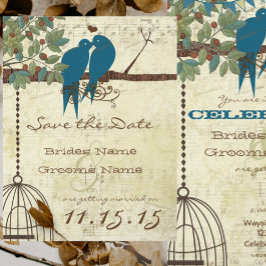 Invitación Aves amorosas verde azuladas sentadas en un árbol 