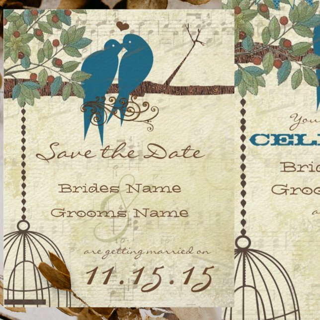 Invitación Aves amorosas verde azuladas sentadas en un árbol  (Subido por el creador)