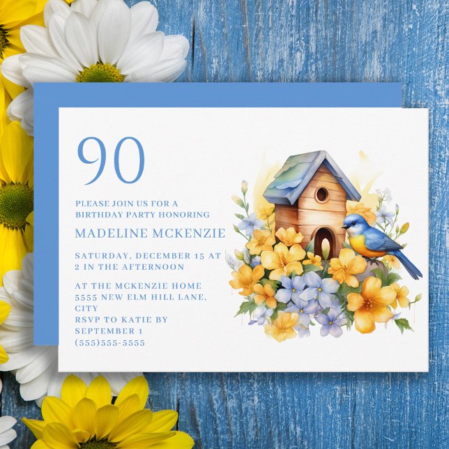 Invitación Aves Aves Aves Flores Azules Amarillas 90 cumpleañ (Yellow and blue flowers, bird and birdhouse 90th birthday party invitation)