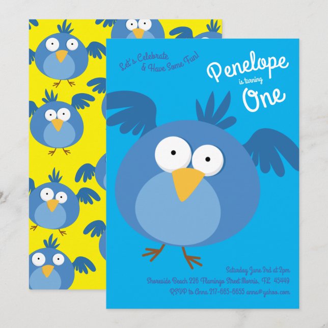 Invitación Aves Azules Cutas Niños Primer Fiesta de Cumpleaño (Anverso / Reverso)