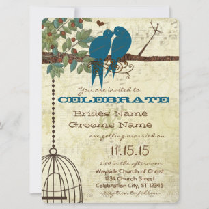 Invitación Aves azules sentados en una boda de árbol invitan