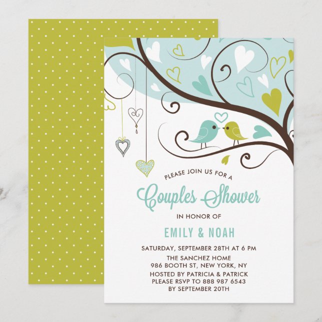 Invitación Aves azules y artreusas duchas de parejas (Anverso / Reverso)