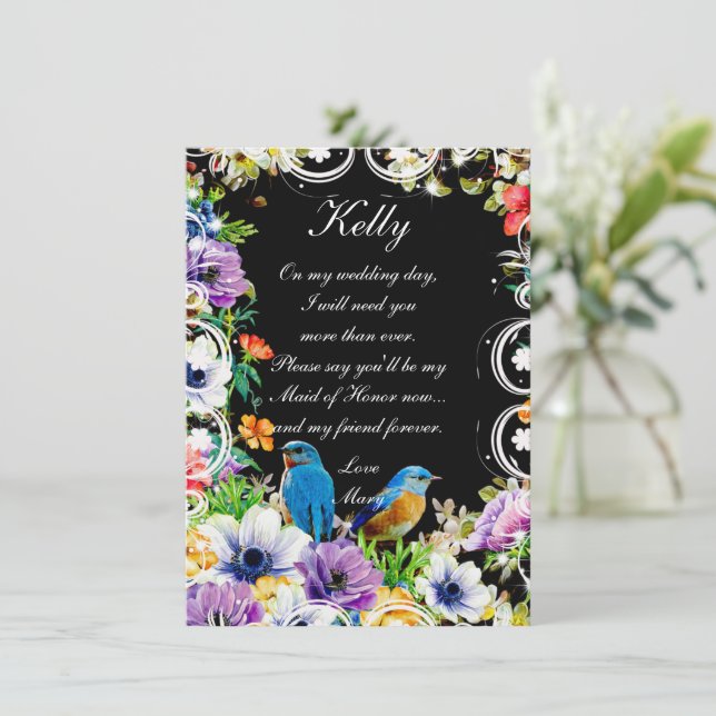 Invitación Aves azules y doncella de honor con flores botánic (Anverso de pie)