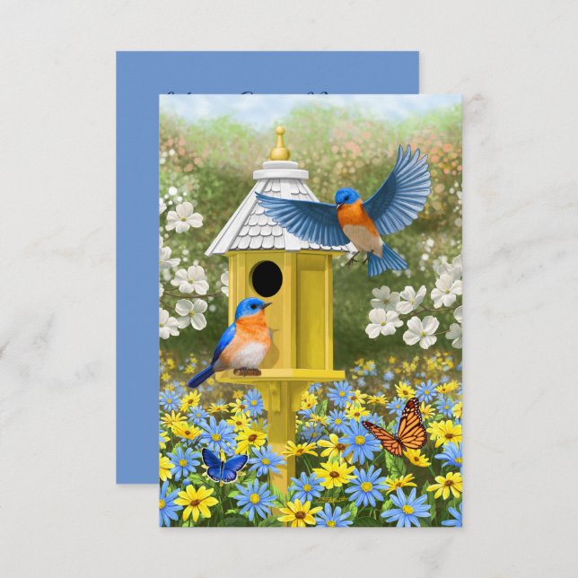 Invitación Aves azules y hogar hexagonal azul (Anverso / Reverso)