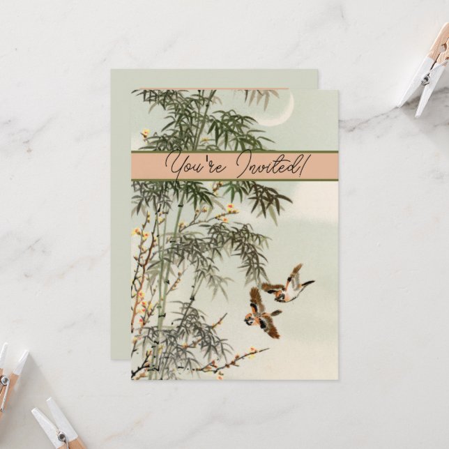 Invitación Aves Bambú Vintage asiático japonés (Anverso/Reverso In Situ)