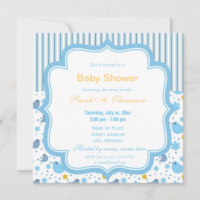 Invitación Aves bebés y una florida ducha azul (Anverso)