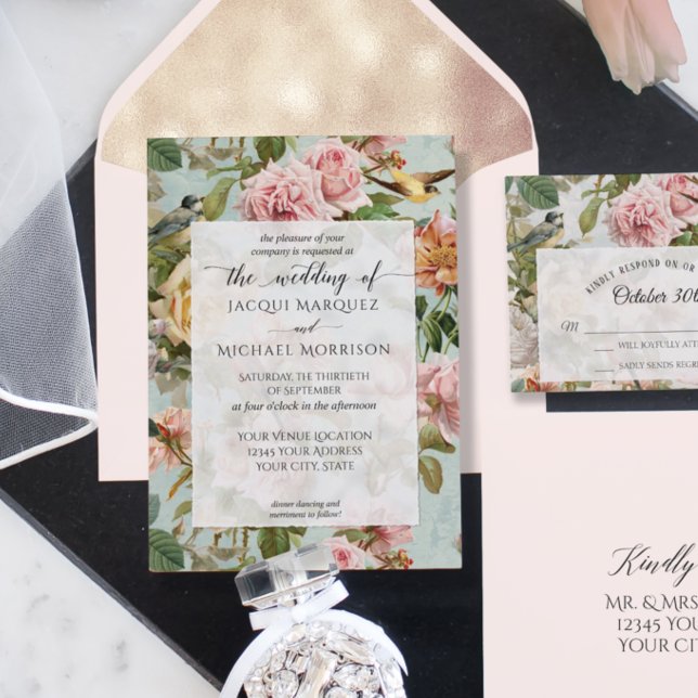 Invitación Aves botánicas amarillas rosadas de Rubor floral v (Subido por el creador)