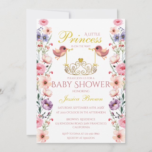 Invitación Aves con temática de princesa y Baby Shower de Tia (Anverso)