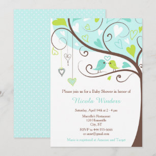 Invitación Aves Corazones Árbol Baby Shower azul y verde