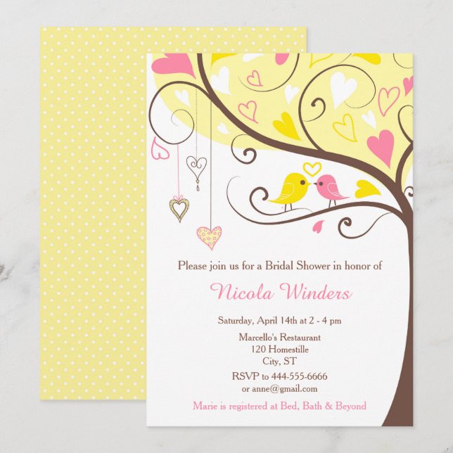 Invitación Aves Corazones Árbol Ducha de novias Amarillo y Co (Anverso / Reverso)