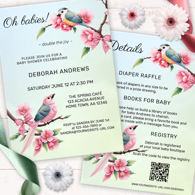 Invitación Aves cortas doblan Baby Shower (Gender neutral baby shower invitation with two pretty birds with bows on flower branches - QR code)