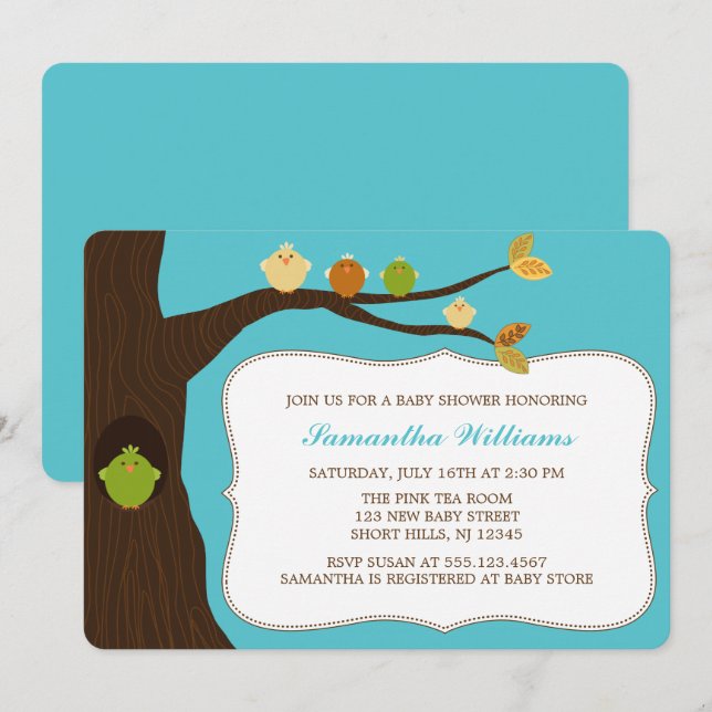Invitación Aves cortas en un Baby Shower de árbol (Anverso / Reverso)