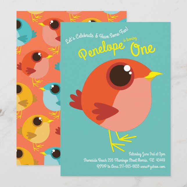 Invitación Aves cortas Fiesta de primer cumpleaños para niños (Anverso / Reverso)