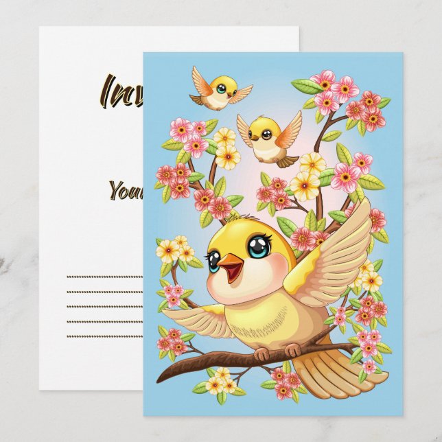 Invitación Aves cortas y felices entre las flores de primaver (Anverso / Reverso)