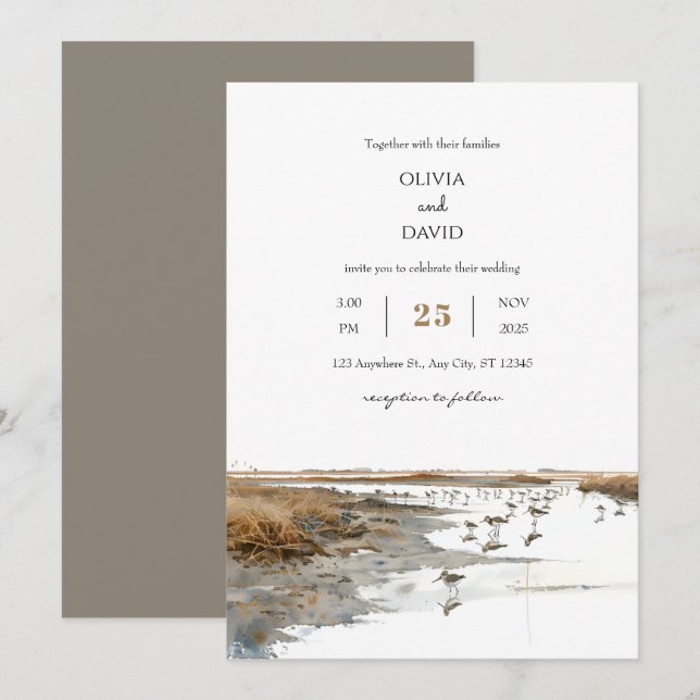Invitación Aves costeras Escénicas Arte Watercolor Beach Wedd (Anverso / Reverso)