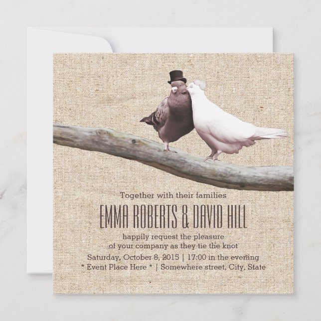 Invitación Aves de amor antiguas en el Boda Burlap (Anverso)