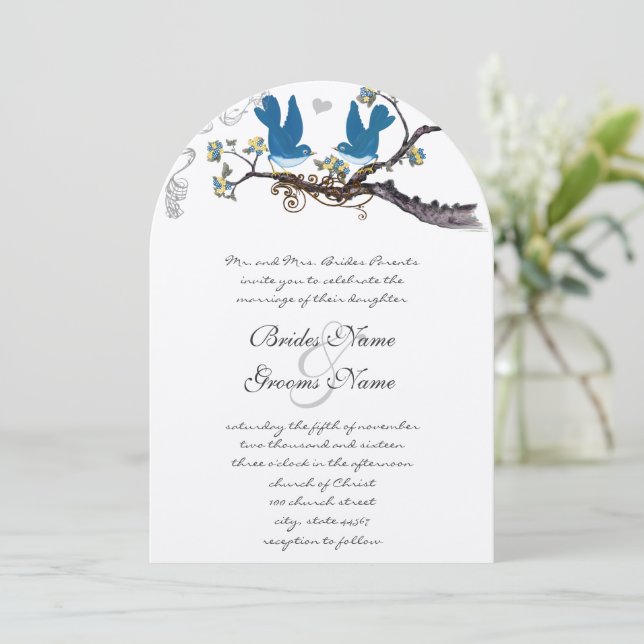 Invitación Aves de amor antiguas invitan a una boda Verde azu (Anverso de pie)