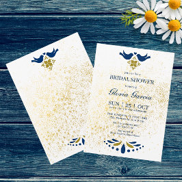 Invitación Aves De Amor Azul Y Dorado Ducha Nupcial Mexicana