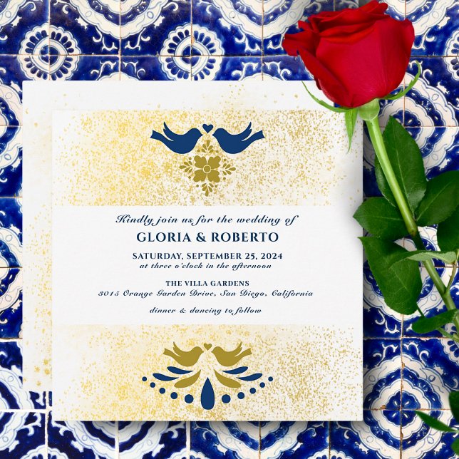 Invitación Aves De Amor Azul Y Dorado Plaza Boda Mexicana (Subido por el creador)