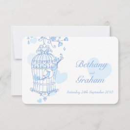 Invitación Aves de amor azules invitan a una boda en jaula