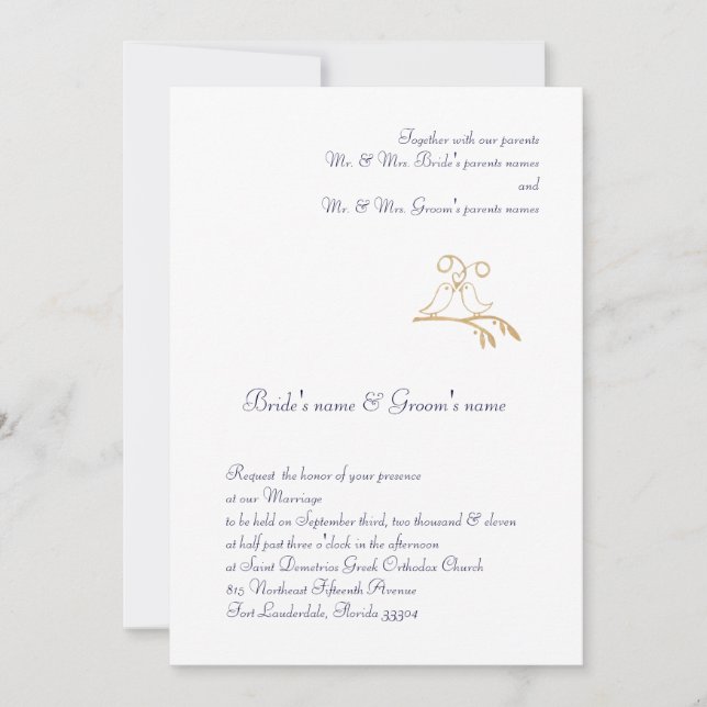 Invitación Aves de amor doradas (Anverso)