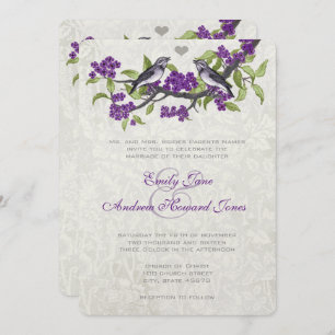 Invitación Aves de amor morado y gris invitan a la boda