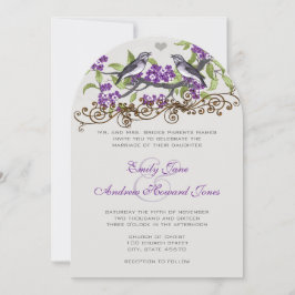 Invitación Aves de amor morado y gris invitan a la boda