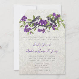 Invitación Aves de amor morado y gris invitan a la boda